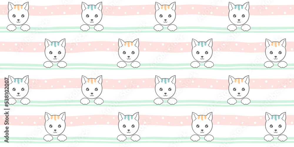 White cat faces and paws on a soft striped background with dots. Endless texture with cute kittens. Vector seamless pattern for cover, wrapping paper, packaging, surface texture, nursery room or print White cat faces and paws on a soft striped background with dots. Endless texture with cute kittens. Vector seamless pattern for cover, wrapping paper, packaging, surface texture, nursery room or print