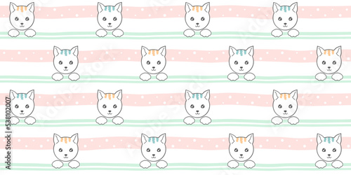 White cat faces and paws on a soft striped background with dots. Endless texture with cute kittens. Vector seamless pattern for cover, wrapping paper, packaging, surface texture, nursery room or print