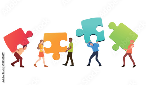 People connecting puzzle pieces, teamwork and partnership concept. Symbol of business, cooperation and innovation. Hand-drawn, vector illustration.
