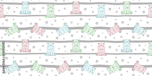 Colorful sitting hippos on a grey and white striped background with stars. Endless texture with tiny behemoths, cute animal. Vector seamless pattern for surface texture, cover, wrapping paper or print
