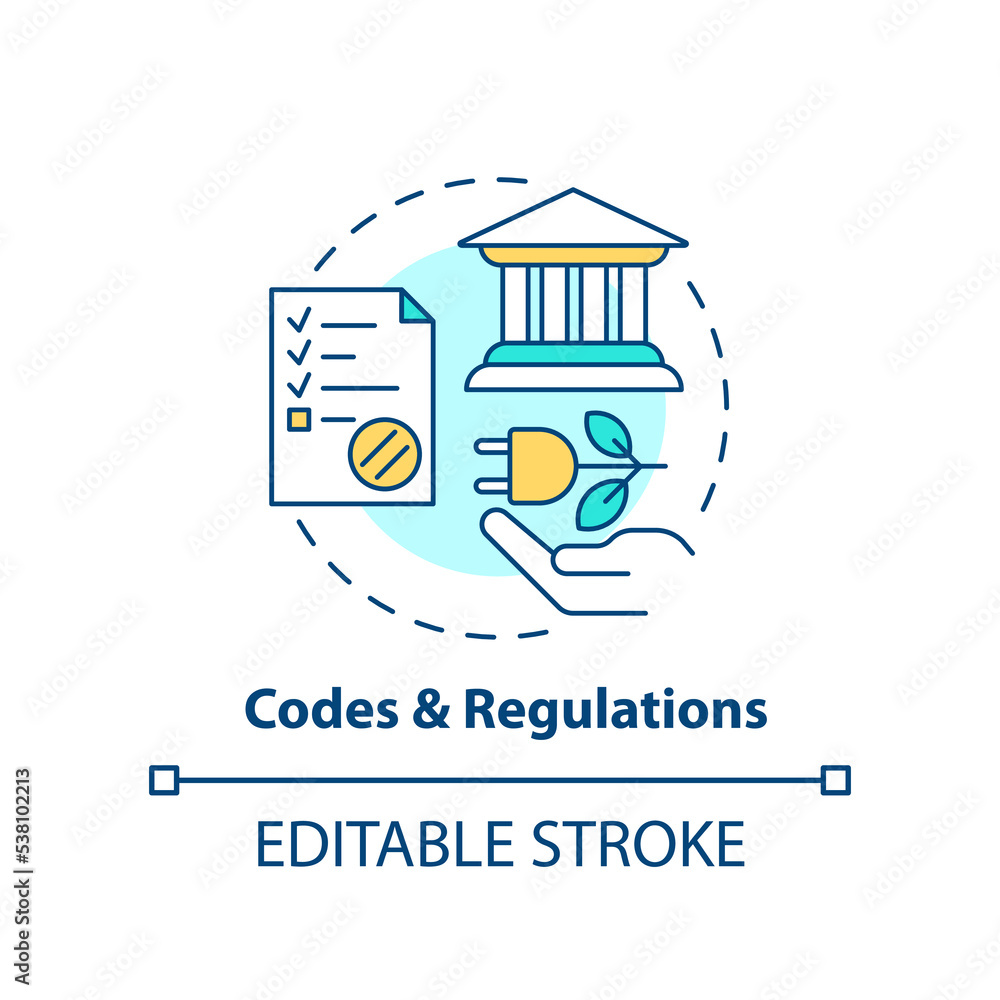 Codes and regulations concept icon. Eco power. Renewable energy company requirements abstract idea thin line illustration. Isolated outline drawing. Editable stroke. Arial, Myriad Pro-Bold fonts used Codes and regulations concept icon. Eco power. Renewable energy company requirements abstract idea thin line illustration. Isolated outline drawing. Editable stroke. Arial, Myriad Pro-Bold fonts used