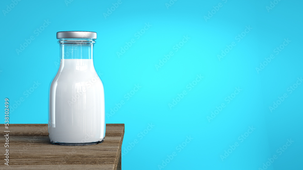 Bottle of milk on a table on blue background. Clean milk template. 3D render. Bottle of milk on a table on blue background. Clean milk template. 3D render.