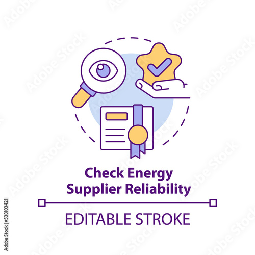 Check energy supplier reliability concept icon. Choosing power provider factor abstract idea thin line illustration. Isolated outline drawing. Editable stroke. Arial, Myriad Pro-Bold fonts used