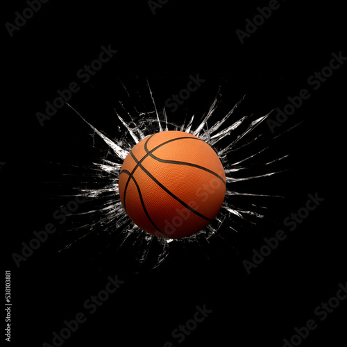Fast basketball through broken glass on black background © Retouch man