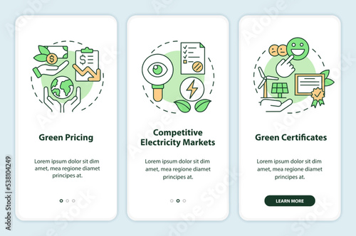 Buying clean electricity onboarding mobile app screen. Green power walkthrough 3 steps editable graphic instructions with linear concepts. UI, UX, GUI template. Myriad Pro-Bold, Regular fonts used