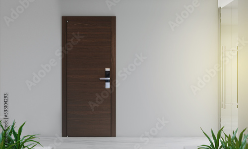 Door way with digital  locking on wood door. Digital door handle with wood oak door panel. photo