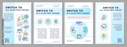 Switch to all-electric home brochure template. Eco house. Leaflet design with linear icons. Editable 4 vector layouts for presentation, annual reports. Arial, Myriad Pro-Regular fonts used