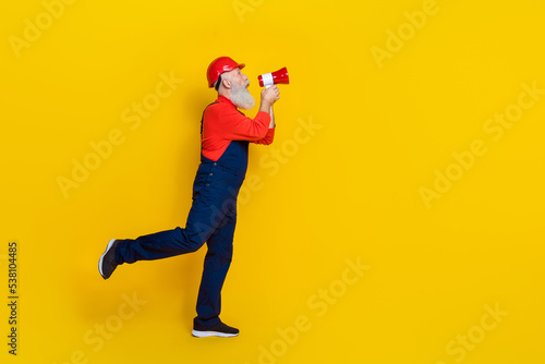 Profile side photo of pensioner workman tell loudspeaker construction information isolated on bright color background