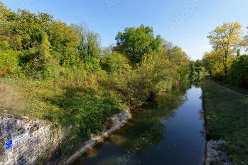 Towpath along the Ourcq canal. Congis-sur-Thérouanne village in Île de France region
