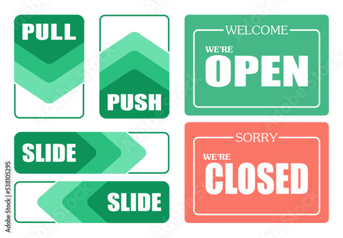Push, Pull, and Slide to open door signs. open and close sign board for store or shop. Vector illustration template.