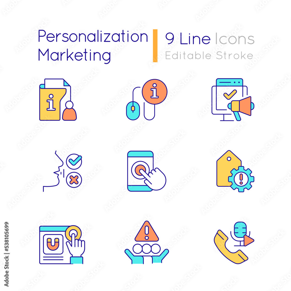 Personalization marketing RGB color icons set. Digital tools. Customer engagement. Isolated vector illustrations. Simple filled line drawings collection. Editable stroke. Quicksand-Light font used
