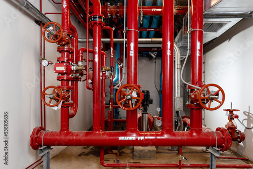 Room Fire suppression system installation with a alarm check valve. Fire suppression system and fire equipment Room.