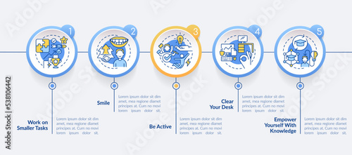 Boost self confidence at work circle infographic template. Data visualization with 5 steps. Editable timeline info chart. Workflow layout with line icons. Lato-Bold, Regular fonts used