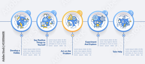 Self esteem improvement circle infographic template. Psychology. Data visualization with 5 steps. Editable timeline info chart. Workflow layout with line icons. Lato-Bold, Regular fonts used