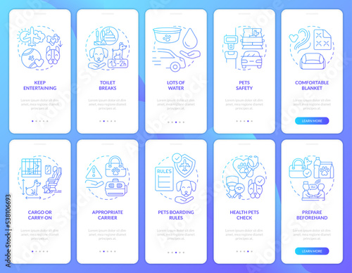 Traveling with pets onboarding blue gradient mobile app screen set. Animal care walkthrough 5 steps graphic instructions with linear concepts. UI, UX, GUI template. Myriad Pro-Bold, Regular fonts used