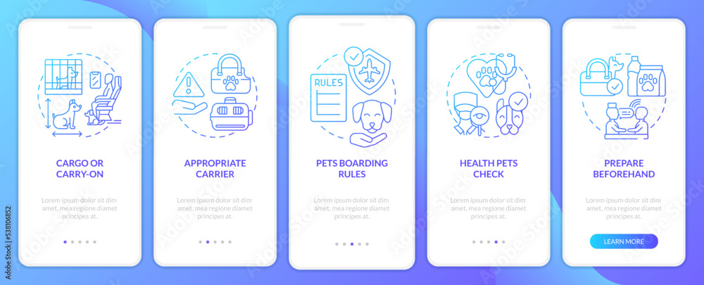 Travel with pets onboarding blue gradient mobile app screen. Move abroad safety walkthrough 5 steps graphic instructions with linear concepts. UI, UX, GUI template. Myriad Pro-Bold, Regular fonts used
