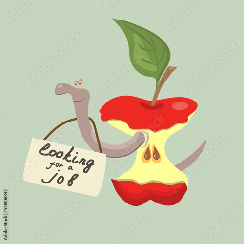 Funny worm in red apple bit with announcement. Cute cartoon design for cards, banners, polygraphy, clothes. Vector illustration.