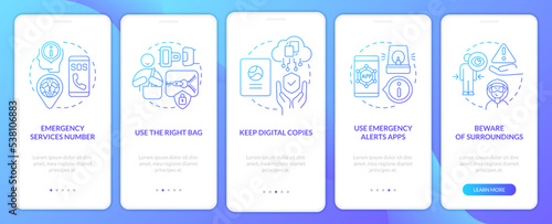 Travel safety tips onboarding blue gradient mobile app screen. Trip security walkthrough 5 steps graphic instructions with linear concepts. UI, UX, GUI template. Myriad Pro-Bold, Regular fonts used