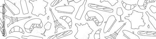 travel to Frace banner, pattern with french symbols: Eiffel tower, wine, beret, baguette, cheese, map- vector illustration