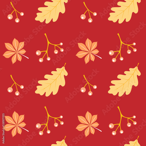 Seamless pattern oak leaves and berries. Hand drawn vector in warm colours and isolated background. Design for Autumn harvest holiday, Thanksgiving, Halloween, season greetings, textile, scrapbooking.