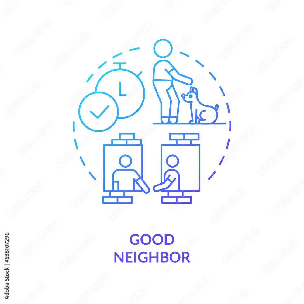 Asking neighbors to pet sit blue gradient concept icon. Domestic animal care. Good neighborhood relationship abstract idea thin line illustration. Isolated outline drawing. Myriad Pro-Bold font used Asking neighbors to pet sit blue gradient concept icon. Domestic animal care. Good neighborhood relationship abstract idea thin line illustration. Isolated outline drawing. Myriad Pro-Bold font used