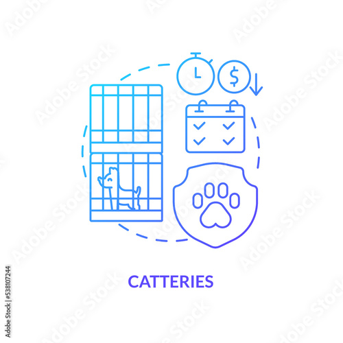 Catteries blue gradient concept icon. Pet care. Animal grooming house. Kennel services. Dog and cat sitting abstract idea thin line illustration. Isolated outline drawing. Myriad Pro-Bold font used