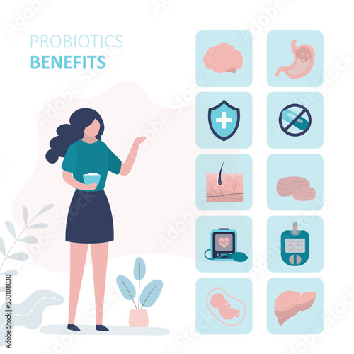Woman eats yogurt containing beneficial microorganisms. Infographic about benefits of probiotics
