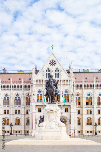 BUDAPEST, HUNGARY - JULY 20, 2022: Equestrian statue of Gyula Andrássy at Lajos Kossuth Square in front of the Hungarian Parliament in Budapest, Hungary