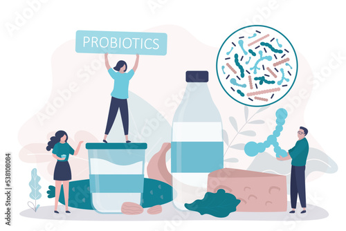 Girl holds poster with inscription probiotics. Useful products containing of live bacteria