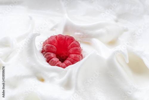 Fresh raspberry in the yoghurt or cream. Top view.