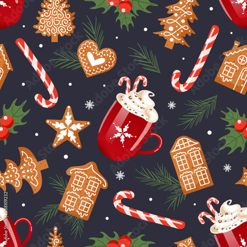Christmas pattern. Hot chocolate with whipped cream, gingerbread in the form of snowflakes, houses, hearts. Holly and tree. Candy cane. For wallpaper, printing on fabric, wrapping.