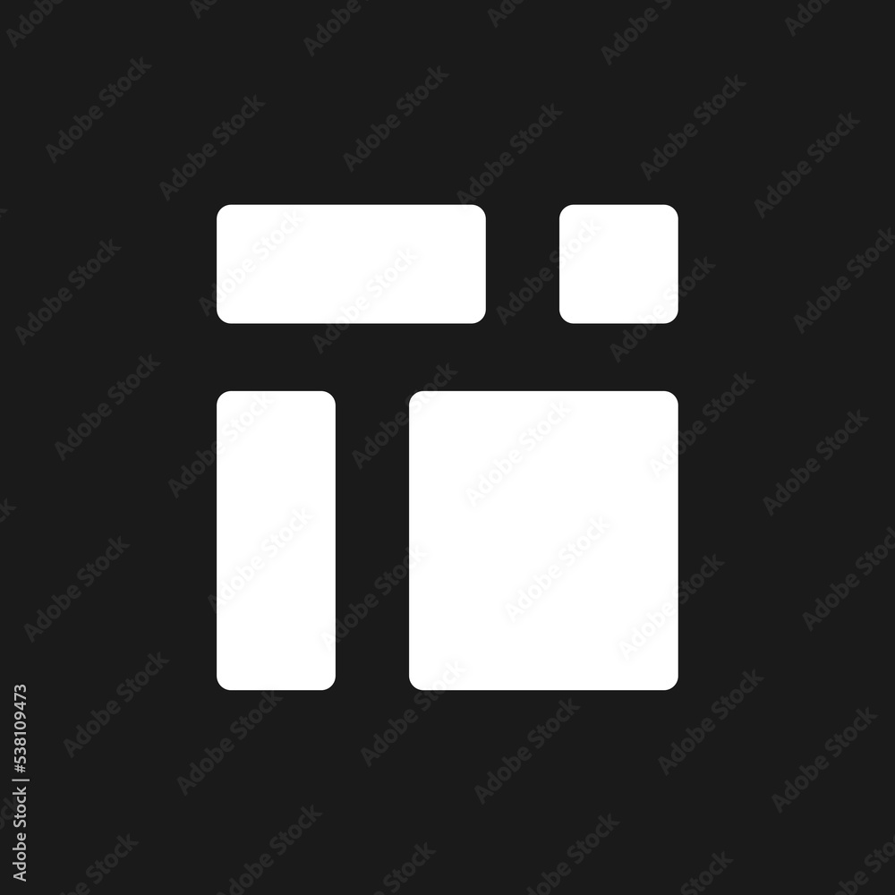 Content blocks pixel dark mode glyph ui icon. Webpage elements. Web design. User interface design. White silhouette symbol on black space. Solid pictogram for web, mobile. Vector isolated illustration