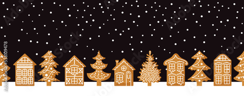 Gingerbread. European-style houses, decorated with icing. Night sky, stars, snow. Seamless border with traditional holiday cookies. For wallpaper, banners, printing on fabric, wrapping