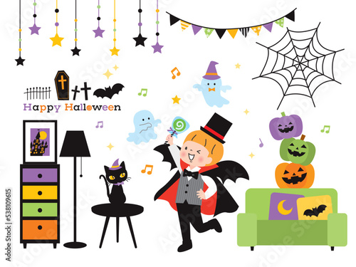 ハロウィンパーティの準備とドラキュラの仮装をした男の子