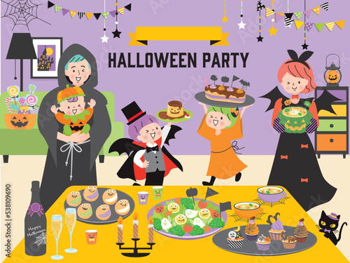 ハロウィンパーティの準備をする仮装をした家族