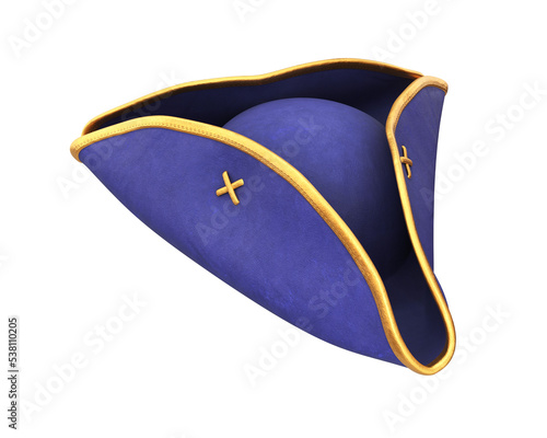 Blue and gold pirate hat on a white background, 3d render