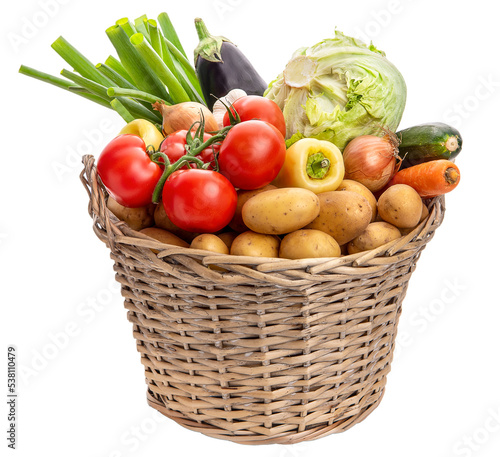 PNG Basket with vegetables. Potatoes, onions, tomatoes, cabbage and other vegetables