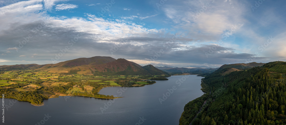 aerial view of Bassenthwaite Lake in the English Lake District in warm eveing light aerial view of Bassenthwaite Lake in the English Lake District in warm eveing light