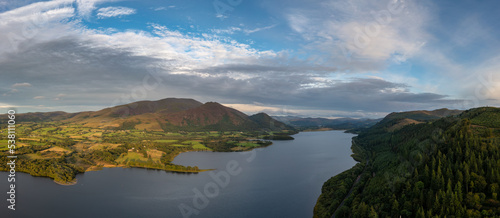 aerial view of Bassenthwaite Lake in the English Lake District in warm eveing light