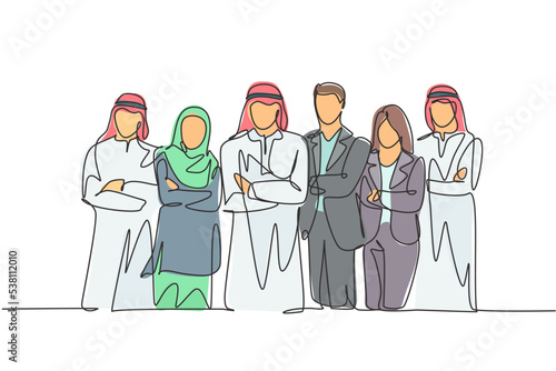 One continuous line drawing group of young muslim and multi ethnic businesspeople line up neatly. Islamic clothing shemag, kandura, scarf, hijab and suit. Single line draw design vector illustration