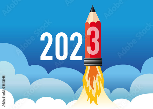 Illustration d’une fusée en forme de crayon qui décolle en symbolisant l’énergie d’une jeune entreprise voulant réussir et atteindre ses objectifs pour l’année 2023.