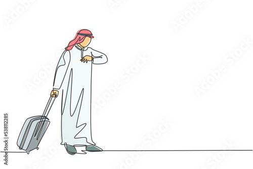 One continuous line drawing of young male muslim businessman staring the watch while holding travel case. Islamic clothing shemag, kandura, scarf, keffiyeh. Single line draw design vector illustration