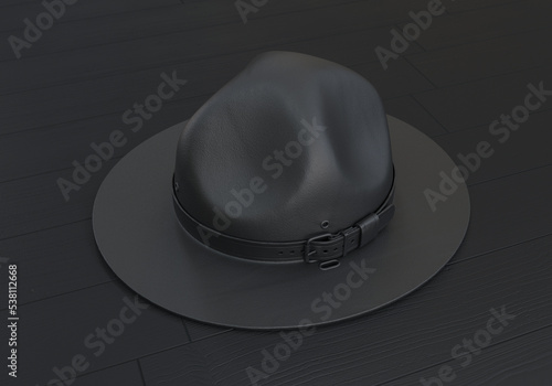 Φωτογραφία Scout hat, ranger hat, black campaign hat on wooden background, 3d render