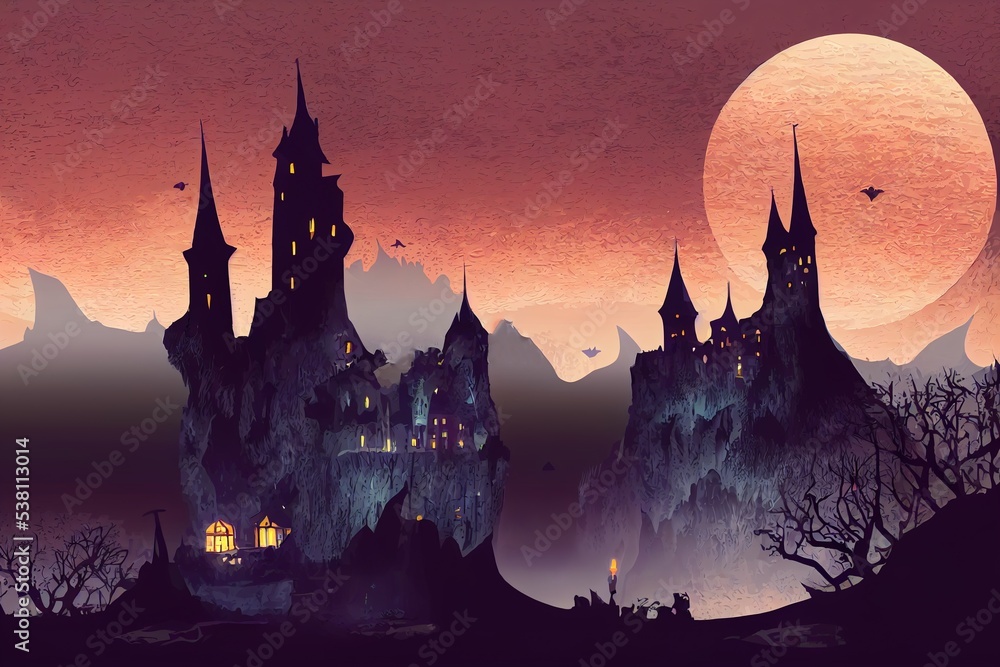 Creepy castle on rock at night, haunted gothic palace in mountains, building with pointed tower roofs, glowing windows and bats flying in dark sky. fantasy dracula home, cartoon illustration - obrazy, fototapety, plakaty 