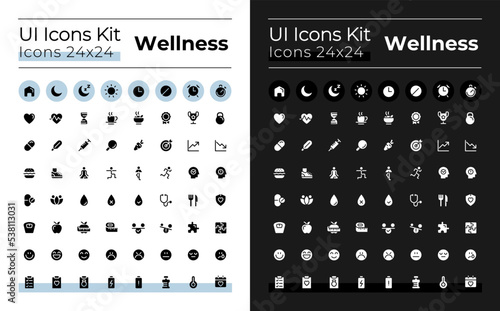 Wellness glyph ui icons set for dark, light mode. Healthy lifestyle. Silhouette symbols for night, day themes. Solid pictograms. Vector isolated illustrations. Montserrat Bold, Light fonts used