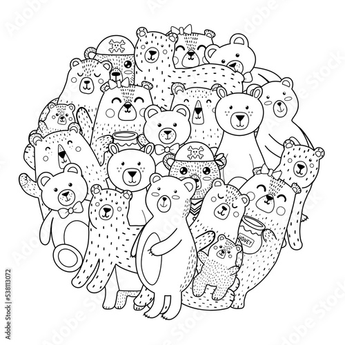 Cute bears circle shape pattern for coloring book. Forest animals coloring page. Doodle style print for kids and adults. Vector illustration
