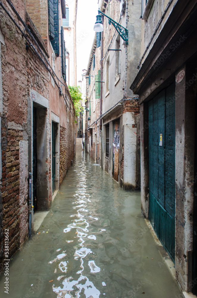 Fototapeta premium Una calle di Venezia invasa dall'acqua alta in una giornata nuvolosa di novembre