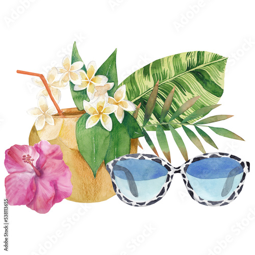 Watercolor hand drawn summer vacation composition with cocktail in coconut in hawaiian style with sunglasses, tropic leaves and flowers