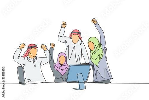 One continuous line drawing of young male and female muslim managers celebrate their target achievement. Islamic clothing shemag, hijab, scarf, keffiyeh. Single line draw design vector illustration