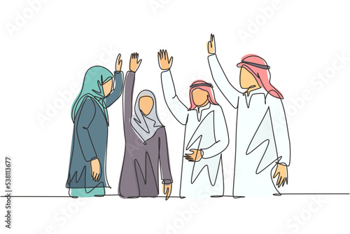 Single continuous line drawing of young male and female muslim managers voting for marketing business strategy. Arab middle east cloth hijab, kandura, robe. One line draw design vector illustration